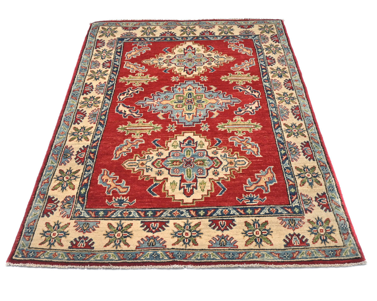 3x5 Red Kuba Afghan Hand Knotted Wool Area Rug