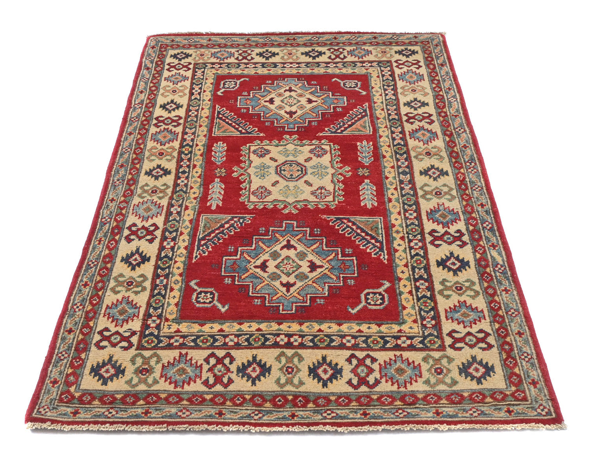 3x5 Red Kuba Afghan Hand Knotted Wool Area Rug