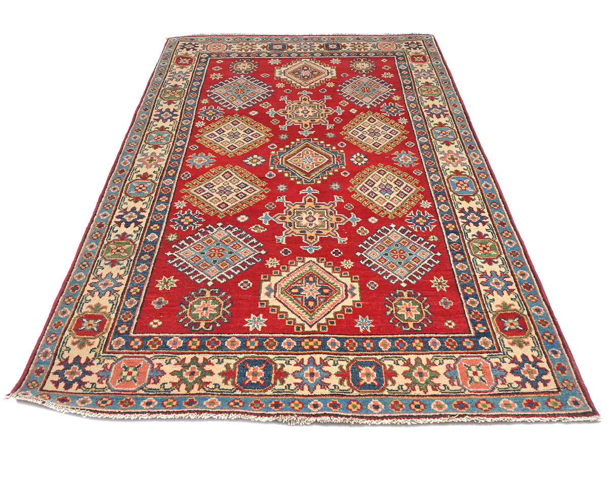 4x7 Red Kuba Afghan Hand Knotted Wool Area Rug