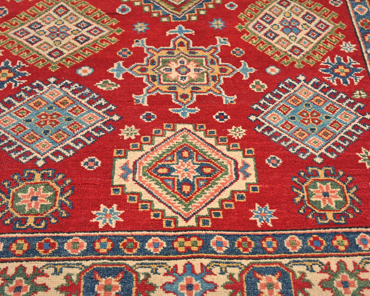 4x7 Red Kuba Afghan Hand Knotted Wool Area Rug