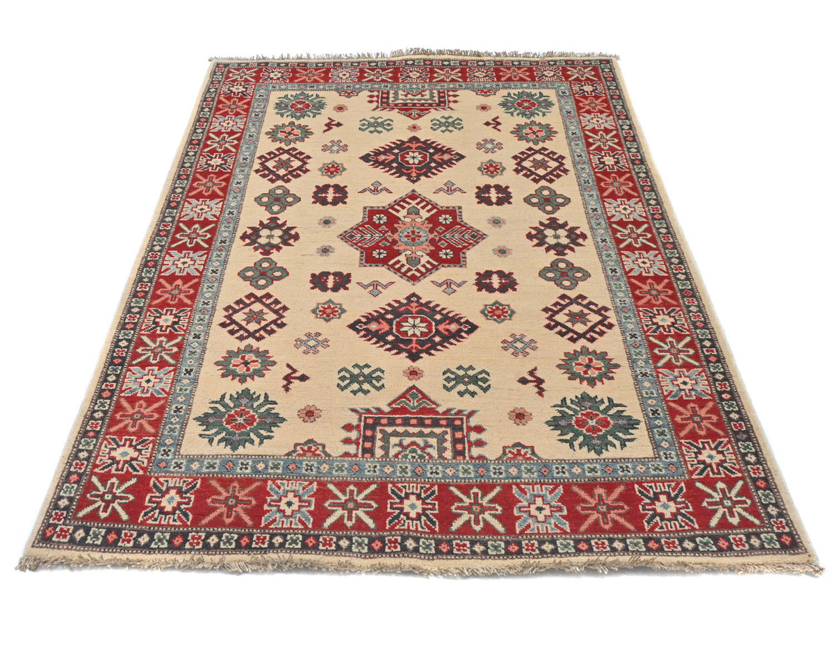 4x6 Beige Kuba Afghan Hand Knotted Wool Area Rug