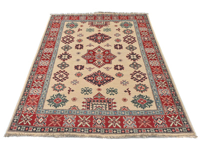 Alfombra afgana Kuba beige de lana anudada a mano de 4x6