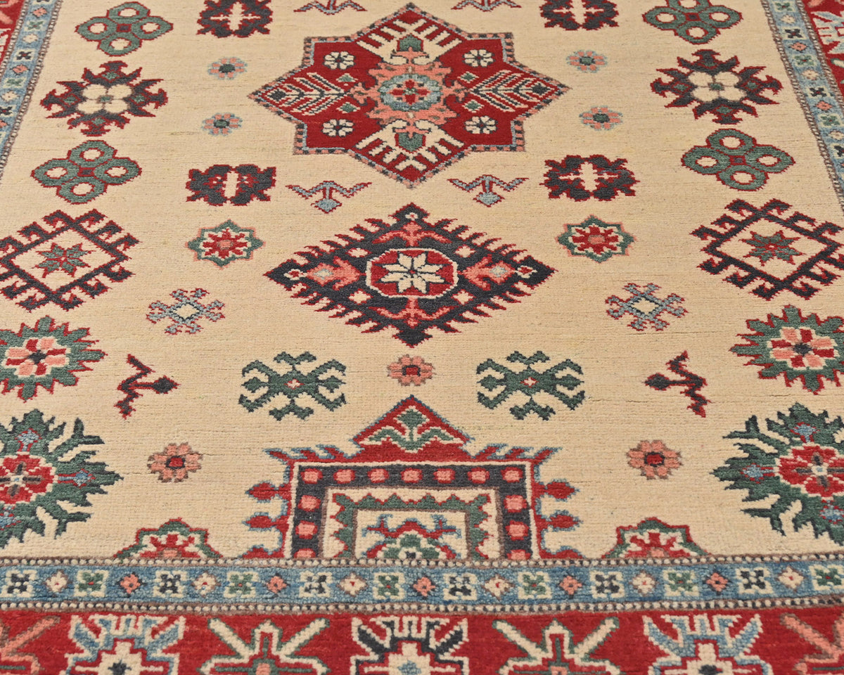 4x6 Beige Kuba Afghan Hand Knotted Wool Area Rug