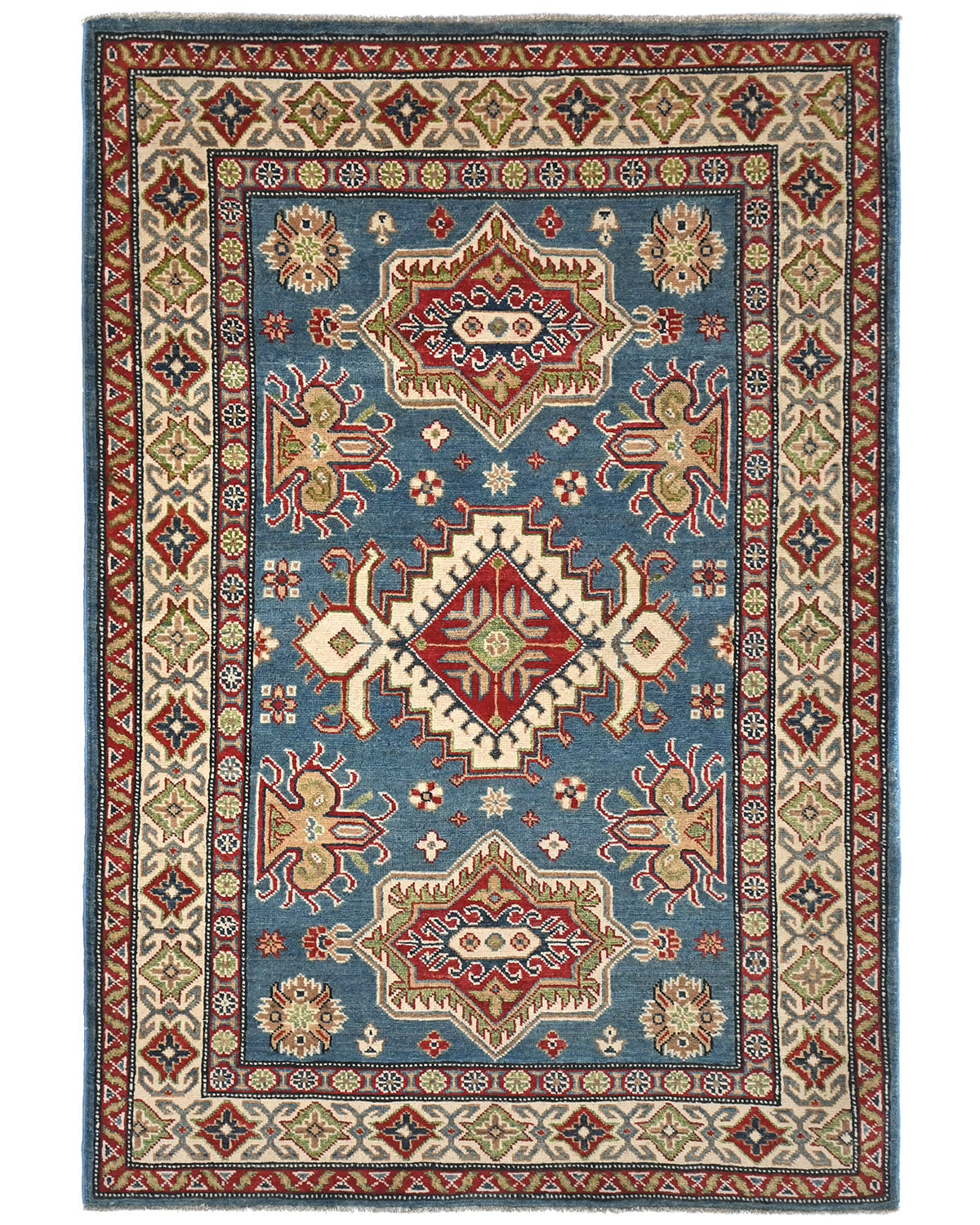 4x6 Blue Kuba Afghan Hand Knotted Wool Area Rug