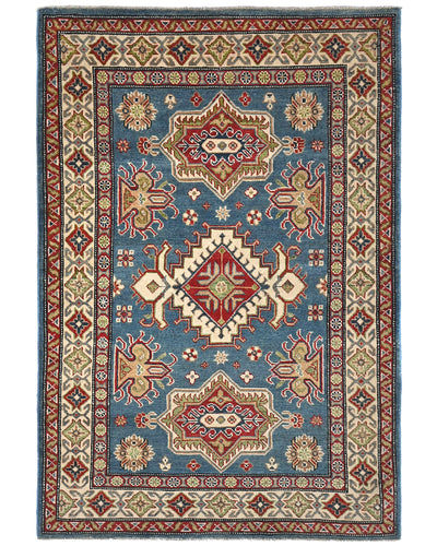 Alfombra afgana Kuba de lana azul anudada a mano de 4x6