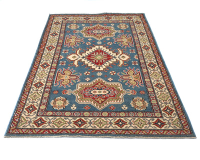 Alfombra afgana Kuba de lana azul anudada a mano de 4x6