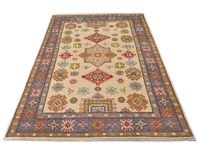 4x6 Beige Kuba Afghan Hand Knotted Wool Area Rug