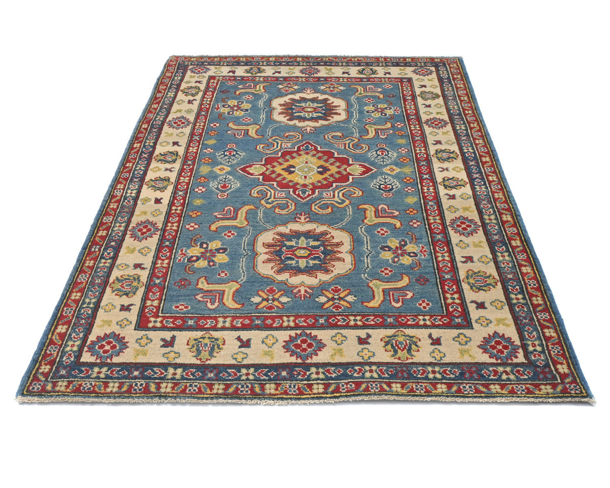 4x6 Blue Kuba Afghan Hand Knotted Wool Area Rug