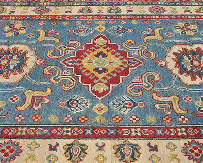 4x6 Blue Kuba Afghan Hand Knotted Wool Area Rug
