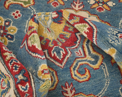 4x6 Blue Kuba Afghan Hand Knotted Wool Area Rug