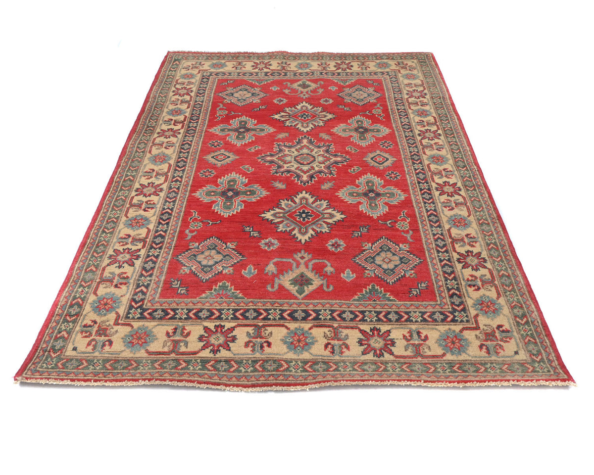 4x6 Red Kuba Afghan Hand Knotted Wool Area Rug