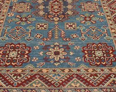 4x6 Blue Kuba Afghan Hand Knotted Wool Area Rug