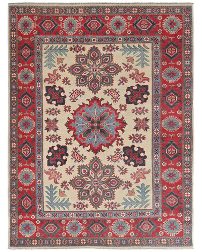 5x7 Beige Kuba Afghan Hand Knotted Wool Area Rug