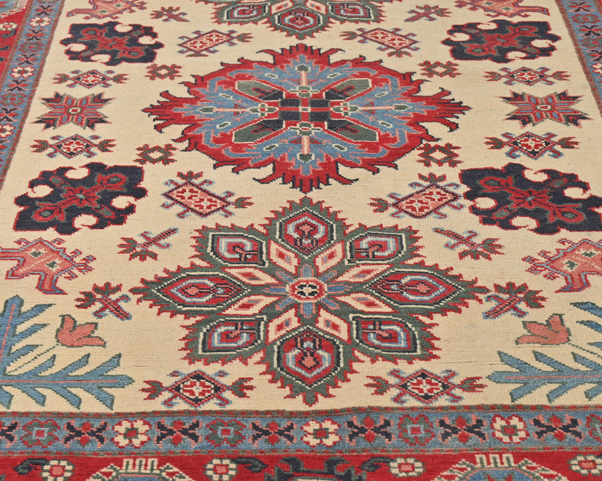 5x7 Beige Kuba Afghan Hand Knotted Wool Area Rug