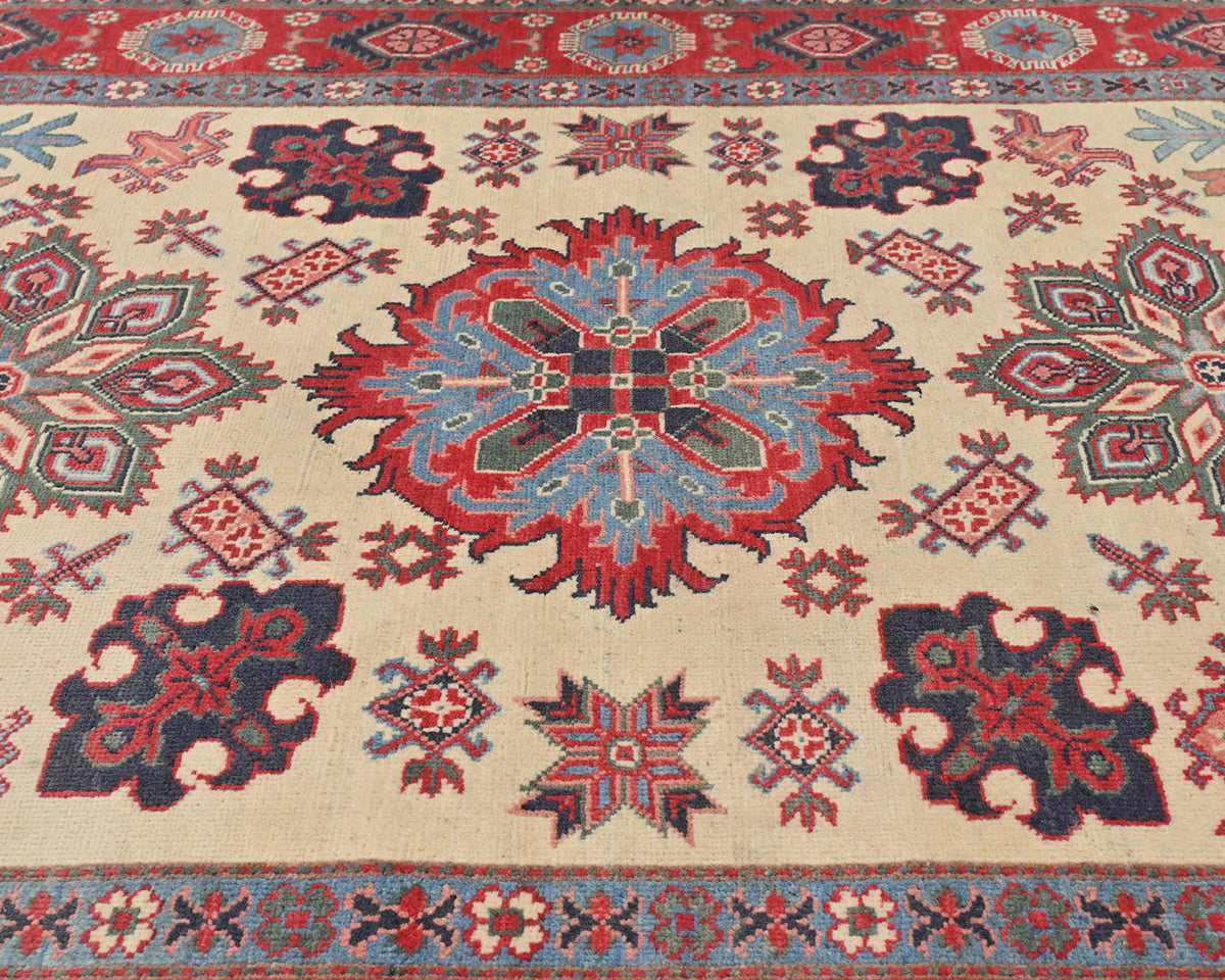 5x7 Beige Kuba Afghan Hand Knotted Wool Area Rug