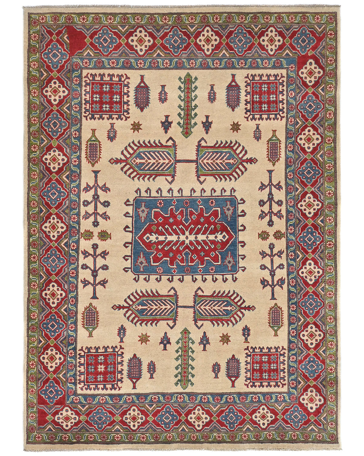 5x7 Beige Kuba Afghan Hand Knotted Wool Area Rug
