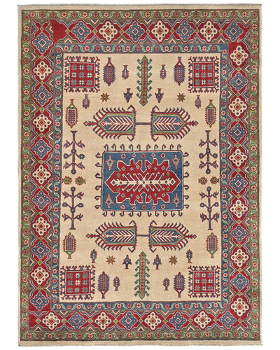 5x7 Beige Kuba Afghan Hand Knotted Wool Area Rug