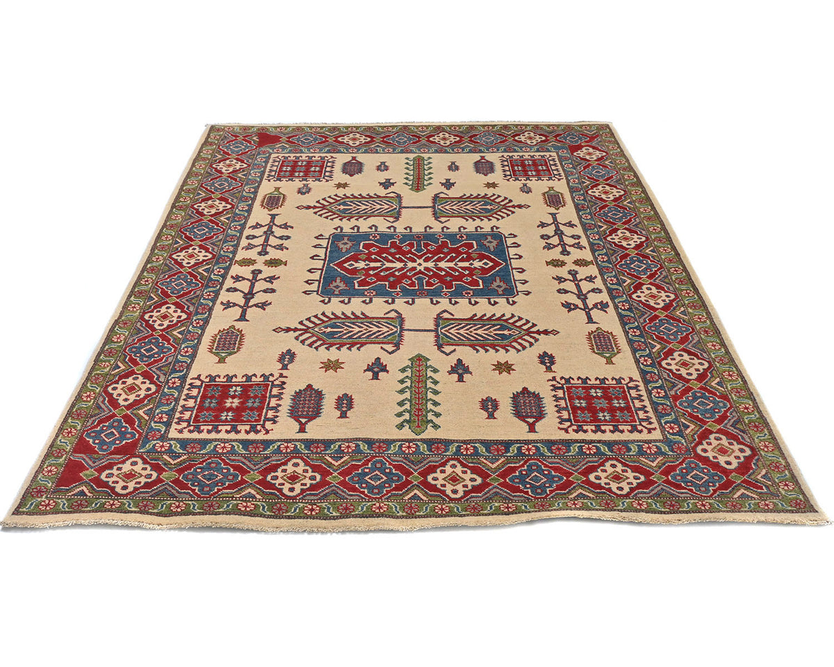 5x7 Beige Kuba Afghan Hand Knotted Wool Area Rug