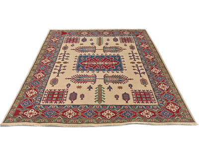 5x7 Beige Kuba Afghan Hand Knotted Wool Area Rug