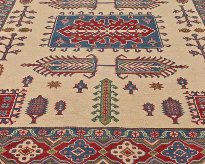 5x7 Beige Kuba Afghan Hand Knotted Wool Area Rug