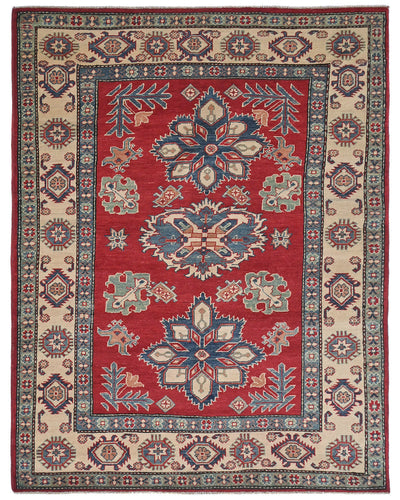 5x7 Red Kuba Afghan Hand Knotted Wool Area Rug