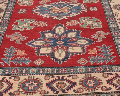 5x7 Red Kuba Afghan Hand Knotted Wool Area Rug