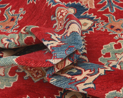 5x7 Red Kuba Afghan Hand Knotted Wool Area Rug