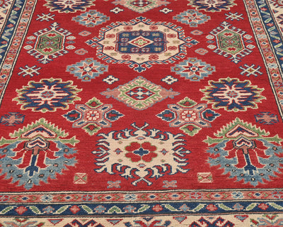 5x7 Red Kuba Afghan Hand Knotted Wool Area Rug