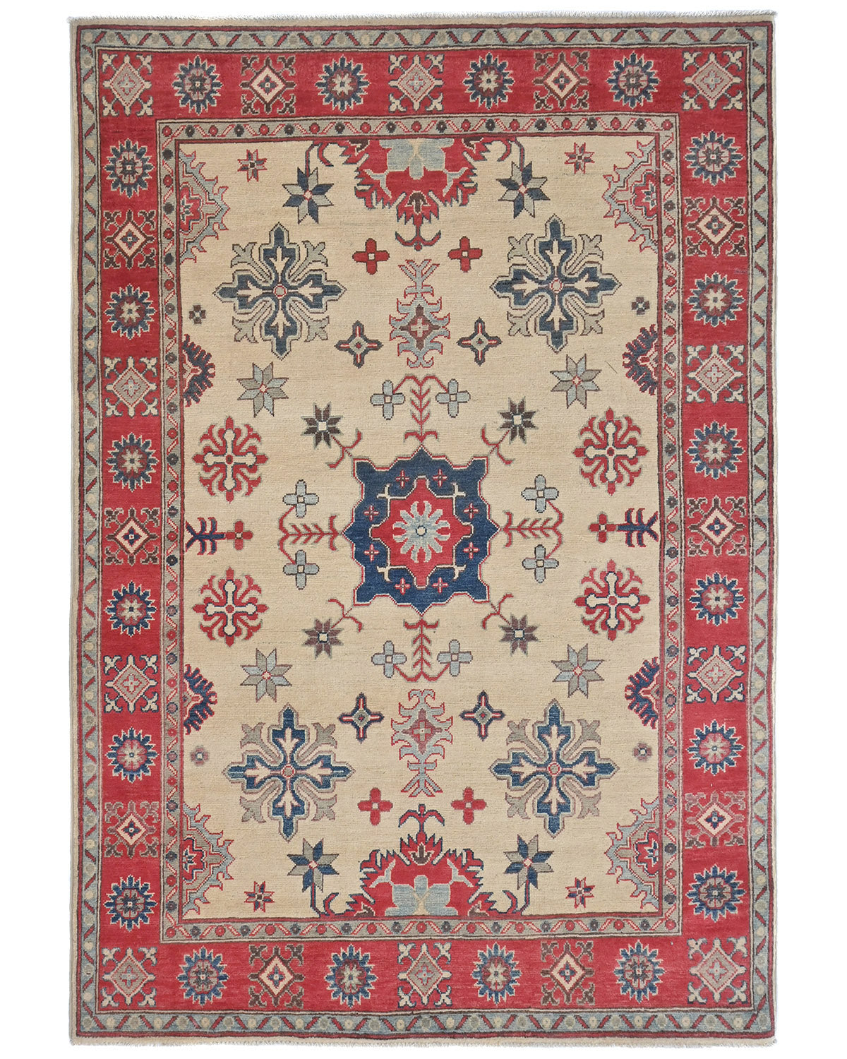 5x7 Beige Kuba Afghan Hand Knotted Wool Area Rug
