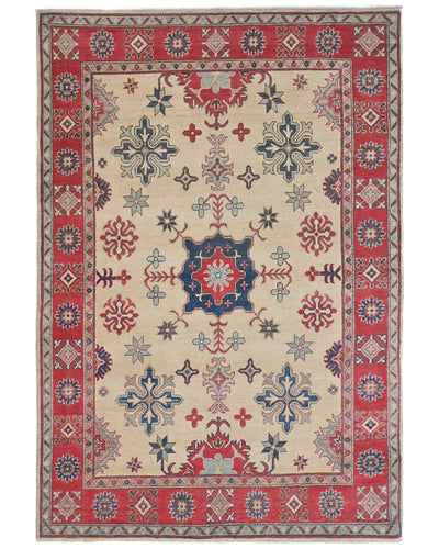 5x7 Beige Kuba Afghan Hand Knotted Wool Area Rug