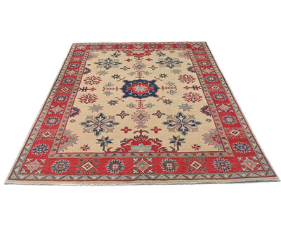 5x7 Beige Kuba Afghan Hand Knotted Wool Area Rug