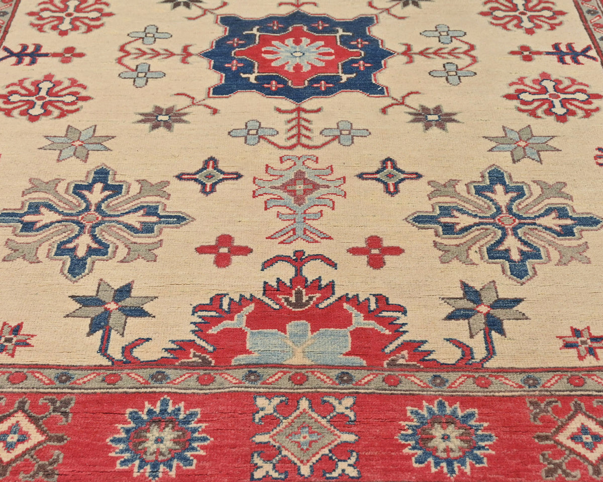 5x7 Beige Kuba Afghan Hand Knotted Wool Area Rug