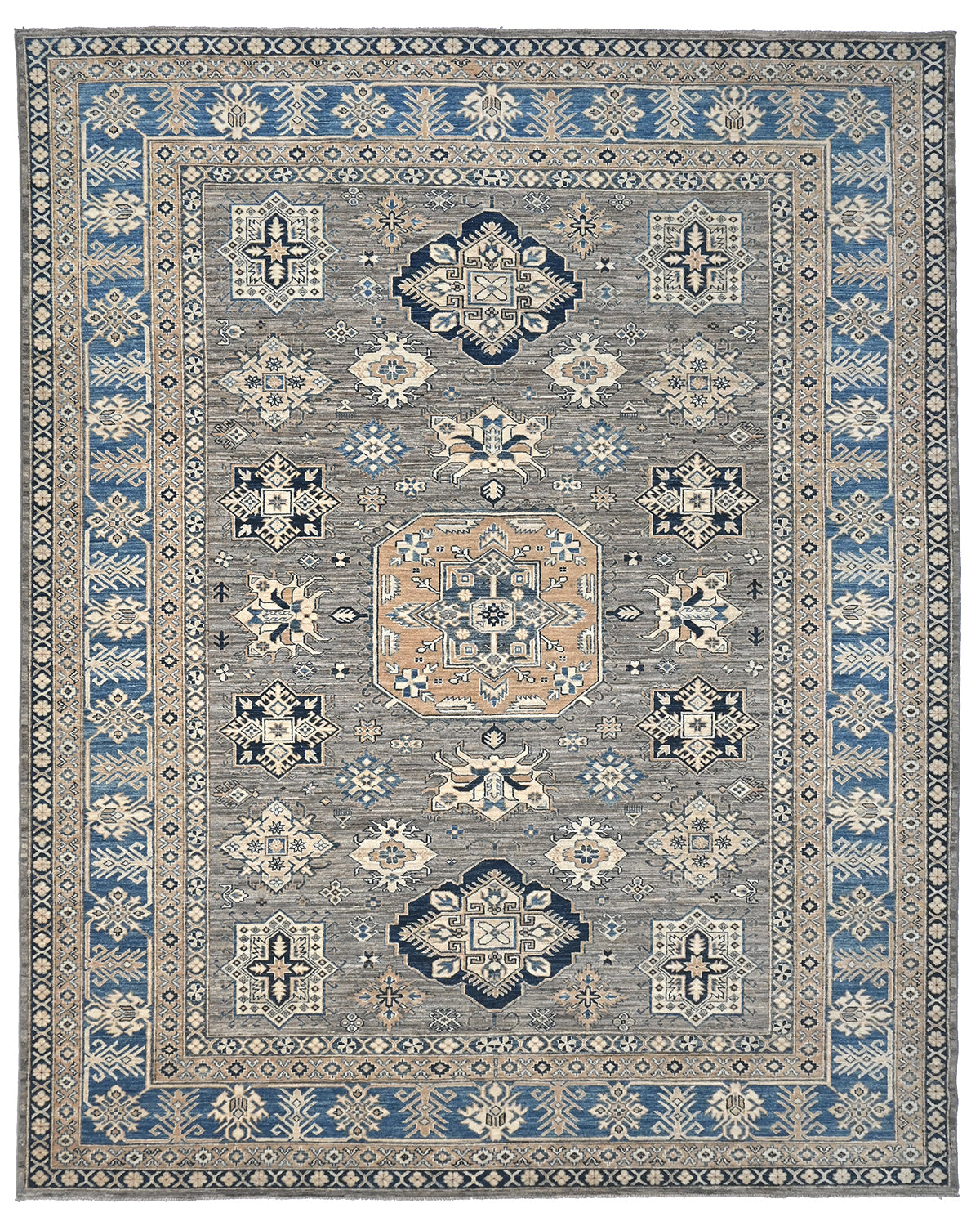 Alfombra de lana geométrica anudada a mano, color gris, de Kazak Afghan, de 8 x 10 pies