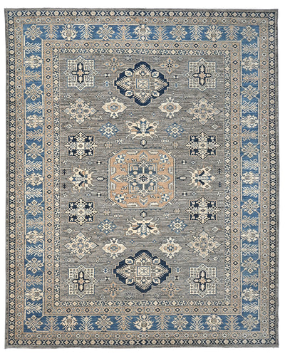 Alfombra de lana geométrica anudada a mano, color gris, de Kazak Afghan, de 8 x 10 pies