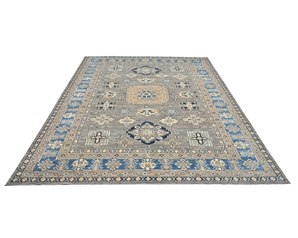 Alfombra de lana geométrica anudada a mano, color gris, de Kazak Afghan, de 8 x 10 pies