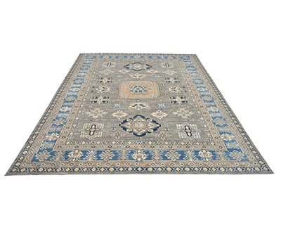 Alfombra de lana geométrica anudada a mano, color gris, de Kazak Afghan, de 8 x 10 pies