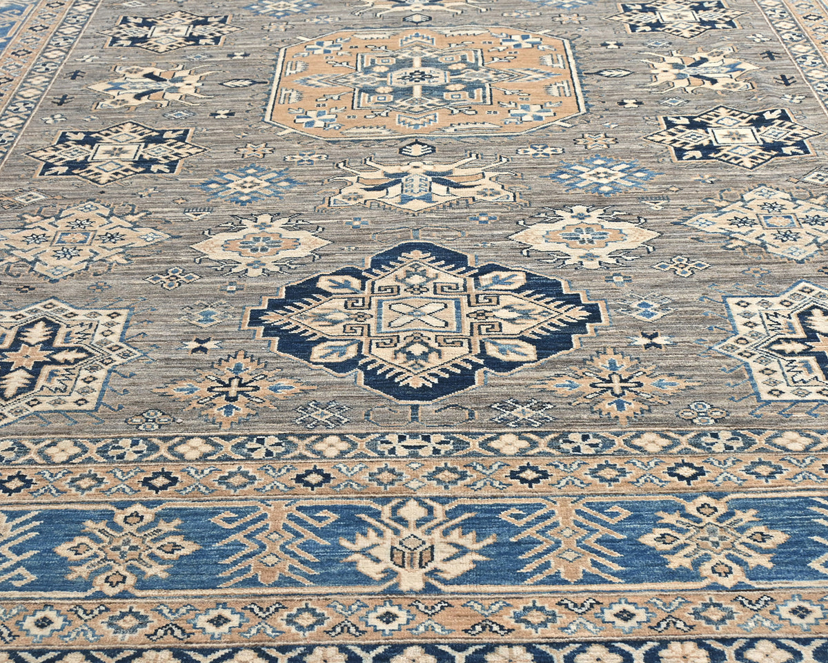 Alfombra de lana geométrica anudada a mano, color gris, de Kazak Afghan, de 8 x 10 pies