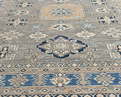 Alfombra de lana geométrica anudada a mano, color gris, de Kazak Afghan, de 8 x 10 pies