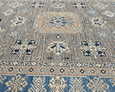 Alfombra de lana geométrica anudada a mano, color gris, de Kazak Afghan, de 8 x 10 pies