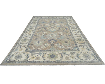 Alfombra turca Oushak de lana suave anudada a mano, color marrón, 10 x 14 pulgadas