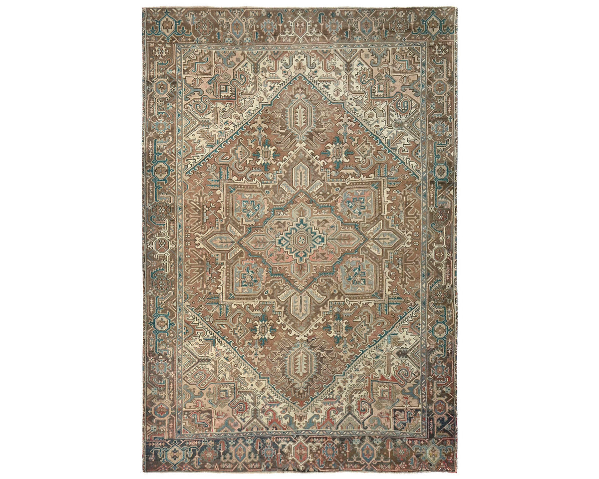 Alfombra de lana anudada a mano estilo persa vintage Heriz marrón de 9 x 12 pulgadas