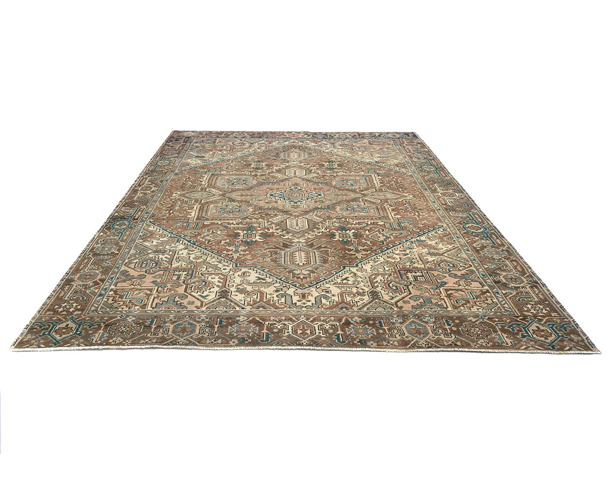 Alfombra de lana anudada a mano estilo persa vintage Heriz marrón de 9 x 12 pulgadas