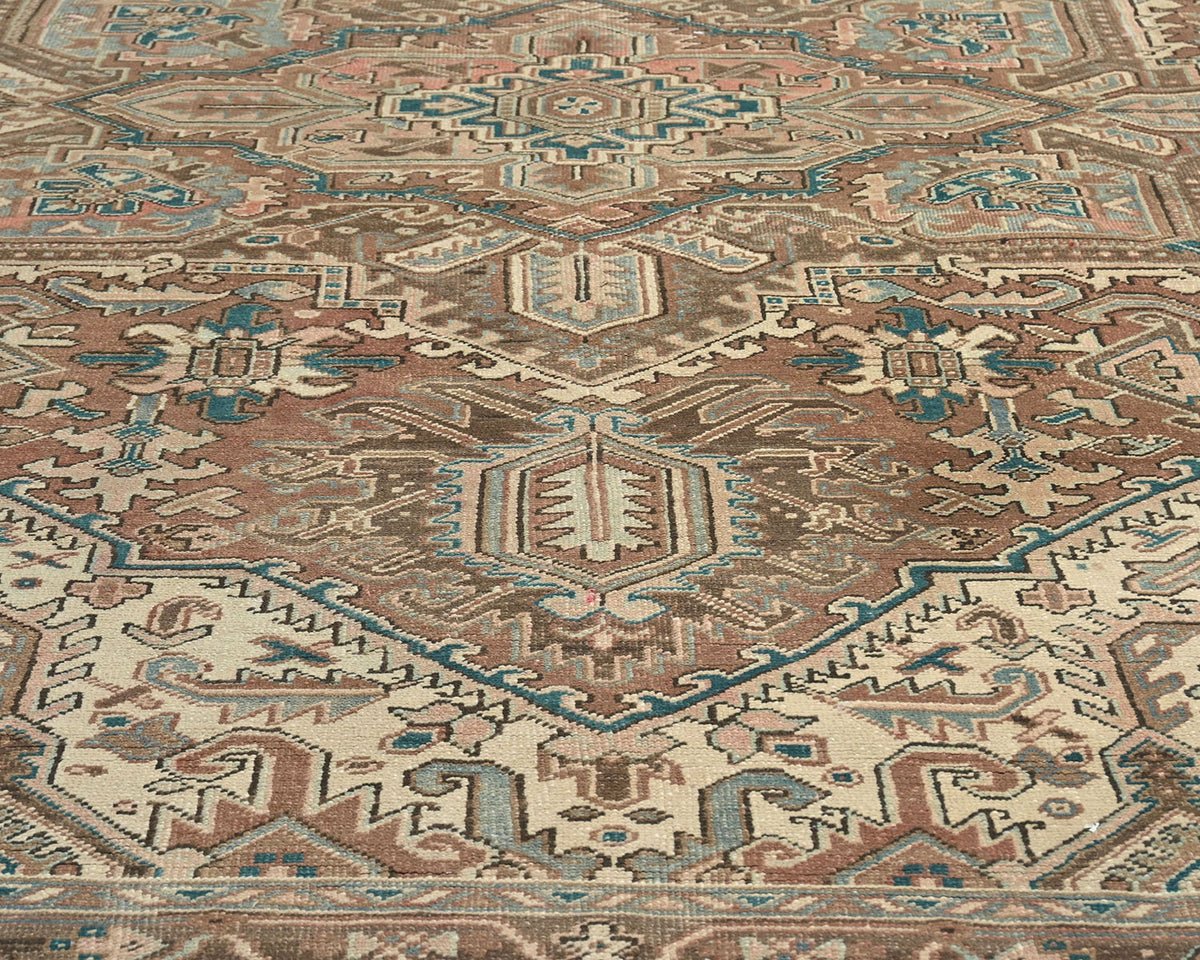 Alfombra de lana anudada a mano estilo persa vintage Heriz marrón de 9 x 12 pulgadas