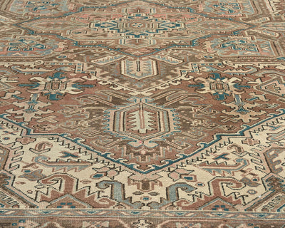 Alfombra de lana anudada a mano estilo persa vintage Heriz marrón de 9 x 12 pulgadas