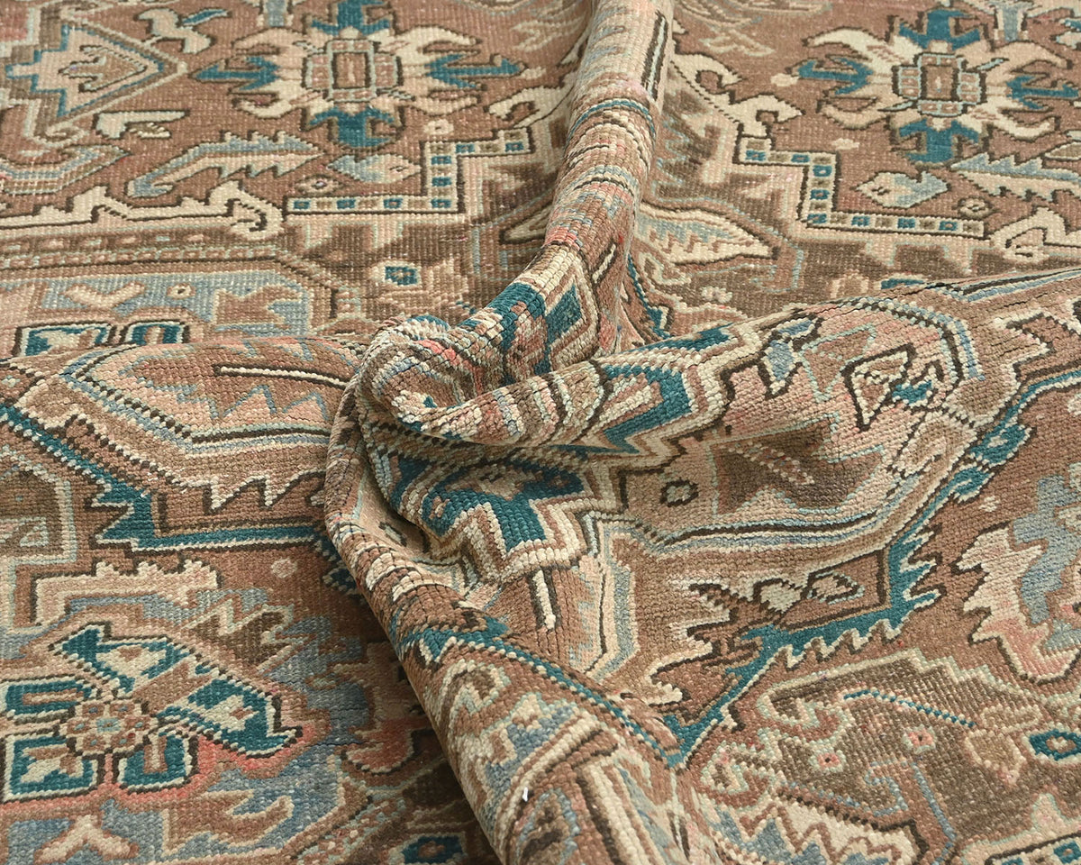 Alfombra de lana anudada a mano estilo persa vintage Heriz marrón de 9 x 12 pulgadas
