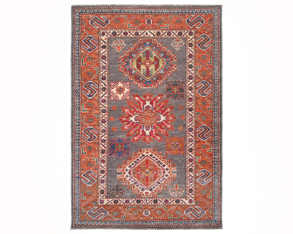 3x5 Gray Rust Kazak Afghan Hand Knotted Traditional Wool Area Rug