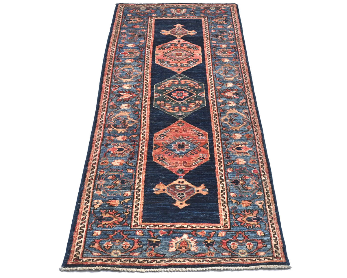 6 feet Blue Aryana Afghan Hand Knotted Veg Dye Wool Runner Rug