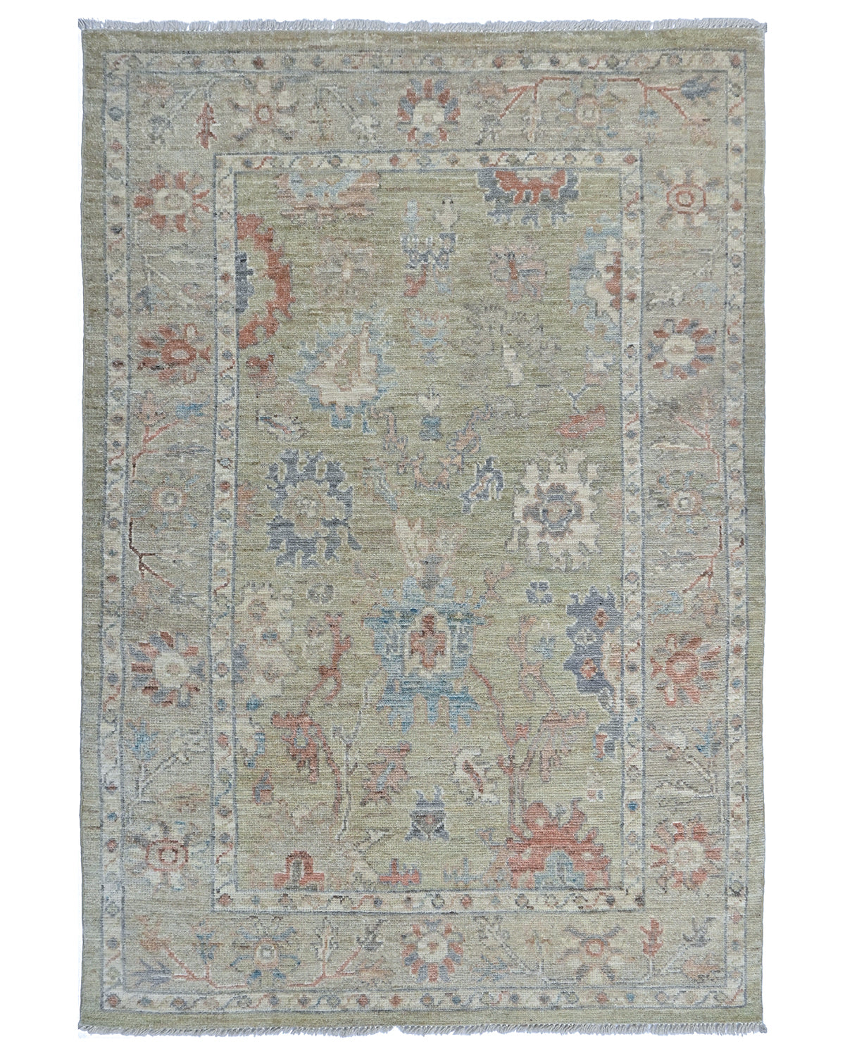 4x6 Ft Olive Green Oushak Turkish Floral Traditional Veg Dye Wool Area Rug