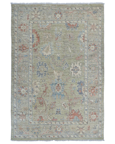 4x6 Ft Olive Green Oushak Turkish Floral Traditional Veg Dye Wool Area Rug