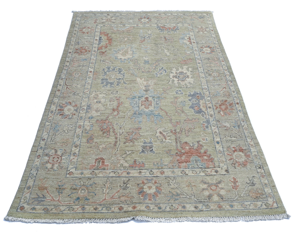 4x6 Ft Olive Green Oushak Turkish Floral Traditional Veg Dye Wool Area Rug